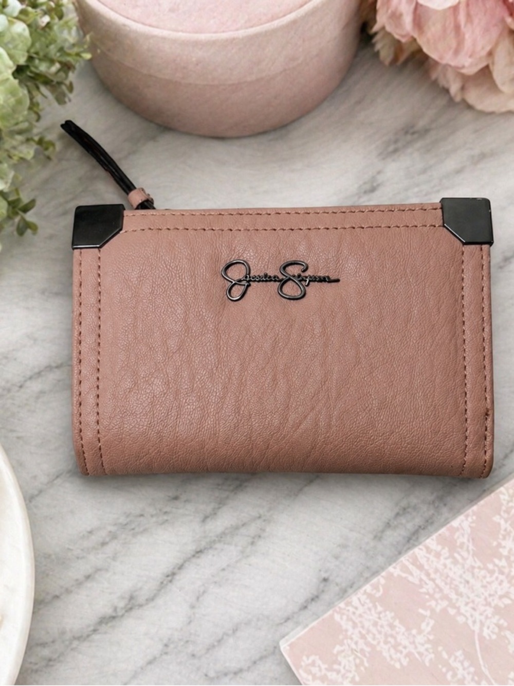 Jessica Simpson Blush Pink Zip Wallet Faux Leather Minimalist Clutch